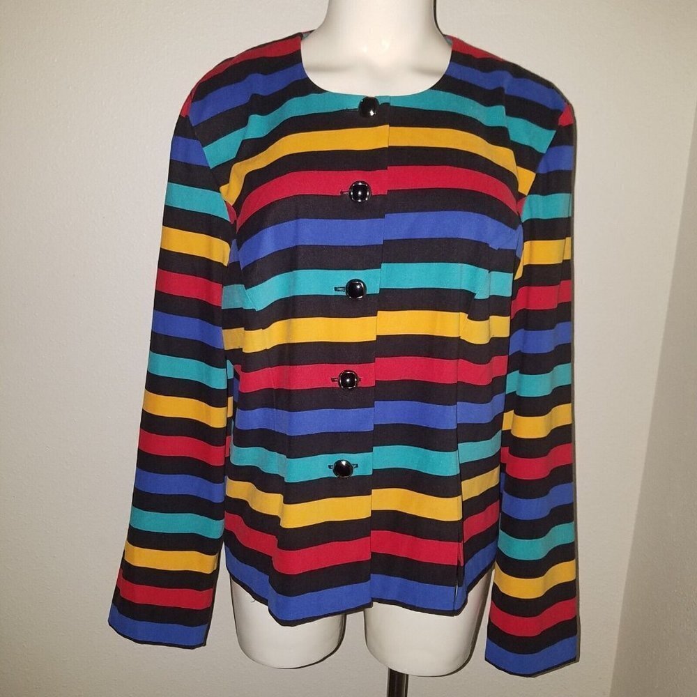 Leslie Fay Black Rainbow Striped Button Front Jacket Size 14 Red Blue Orange-ish